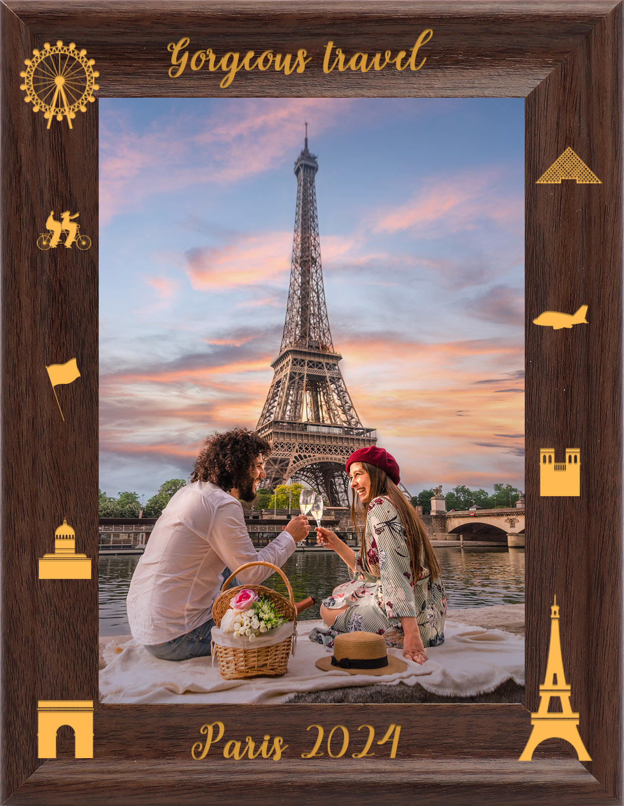 Photo Frame Wall Decor Dotride 5x7 Custom Picture Frame, Black Paris Theme Photo Frame, Customizable Wood Carving Text on the Bottom of the Photo Frame, Perfect for Travel Photos