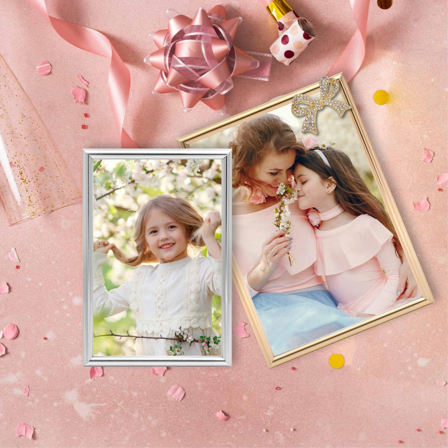Bow Picture Frame Photo Frame Embellished Gift for Wall and Tabletop Display (5x7 Golden, and 4x6, Silver)
