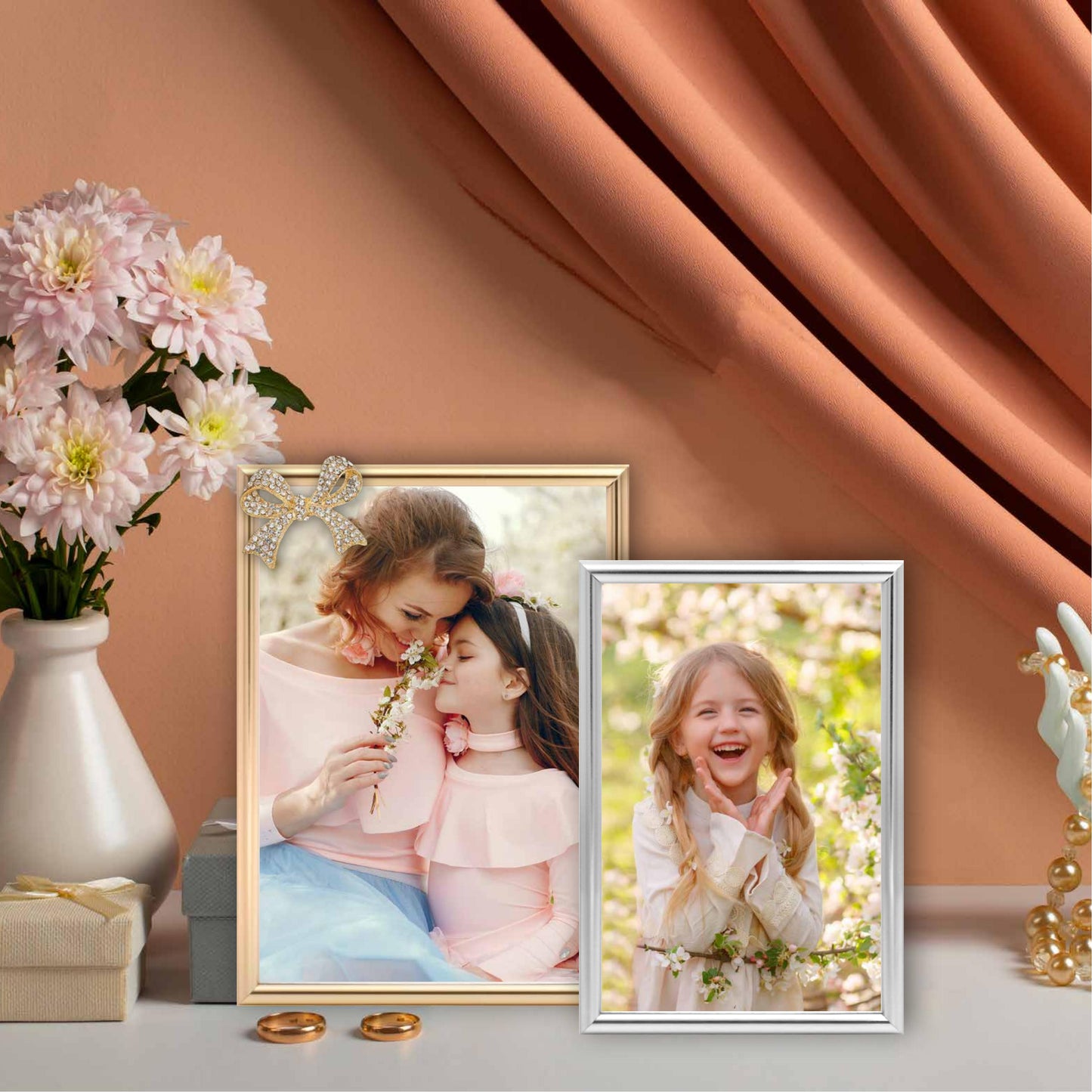 Bow Picture Frame Photo Frame Embellished Gift for Wall and Tabletop Display (5x7 Golden, and 4x6, Silver)