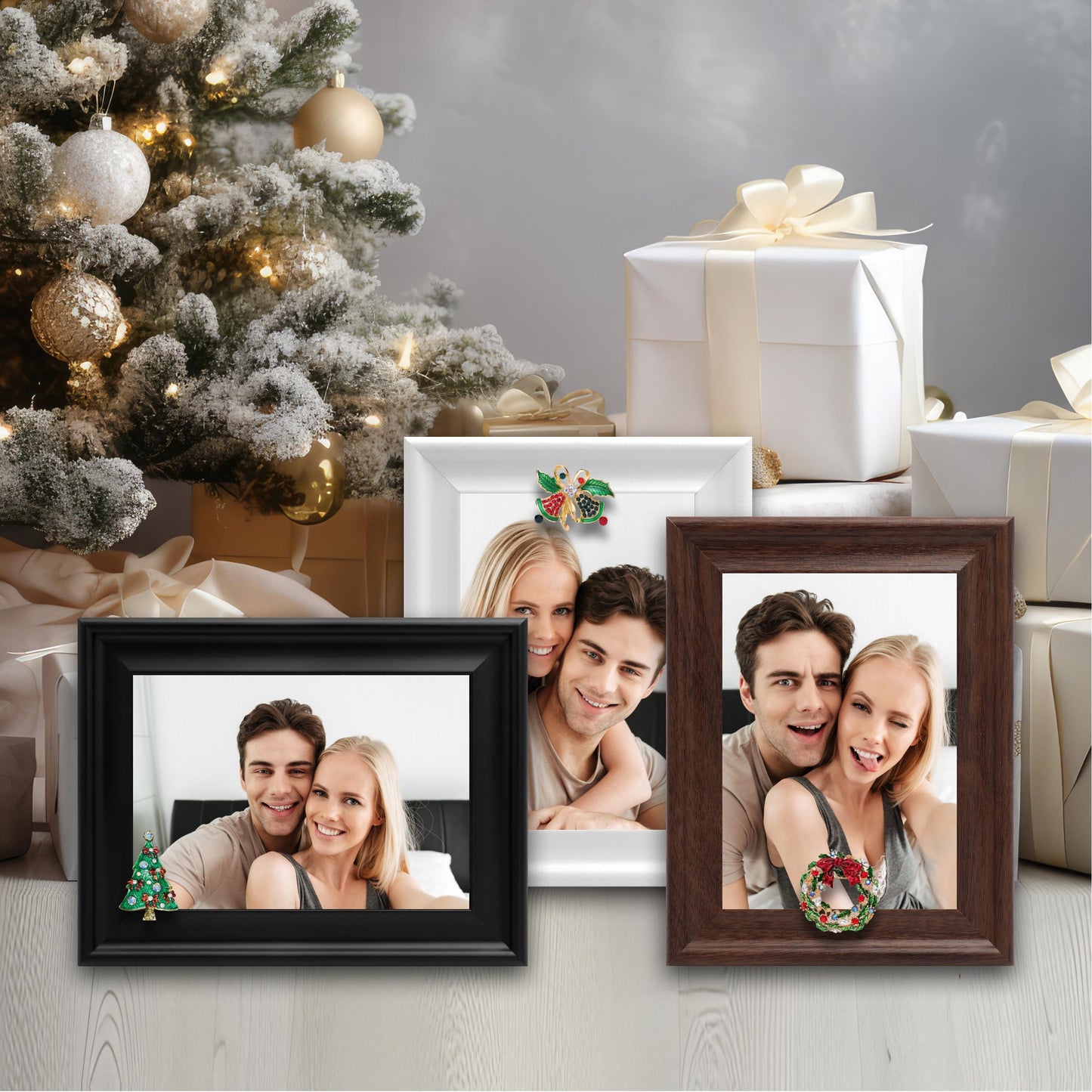 Christmas Picture Frame Photo Frame Embellished Gift for Wall and Tabletop Display (5x7, 5x7 and 5x7, Black, White and Brown)