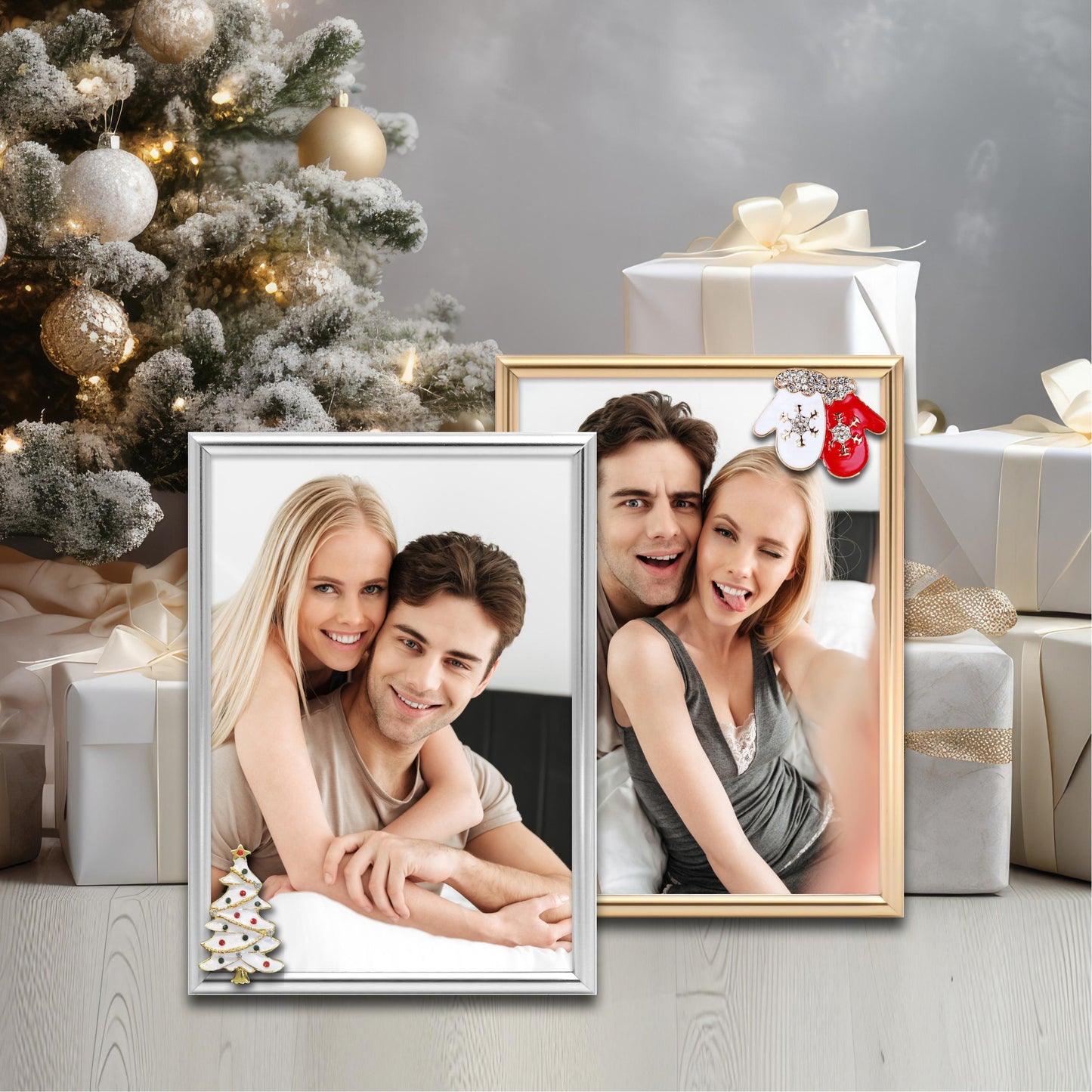 Christmas Picture Frame Photo Frame Embellished Gift for Wall and Tabletop Display (5x7 and 5x7, Golden and Silver)