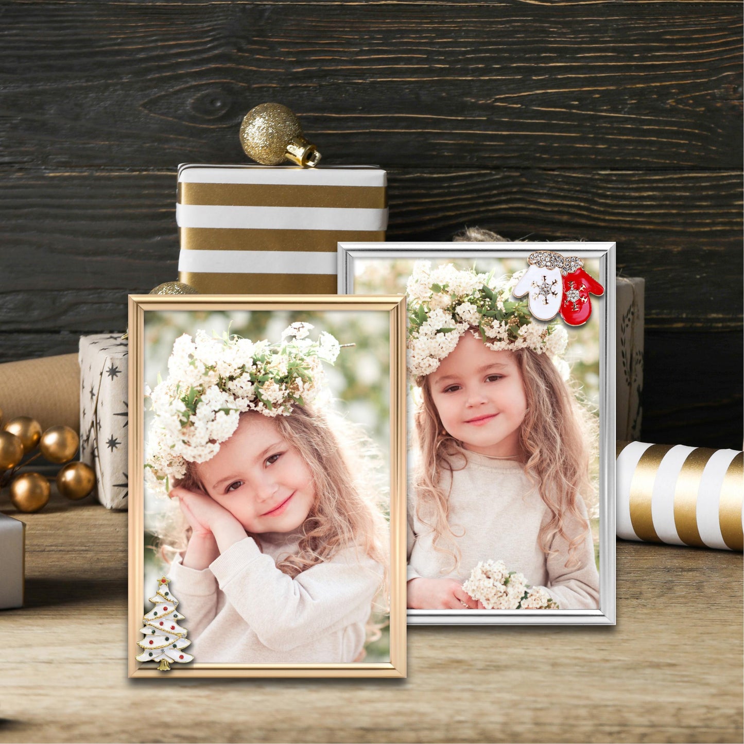 Christmas Picture Frame Photo Frame Embellished Gift for Wall and Tabletop Display (5x7 and 5x7, Golden and Silver)