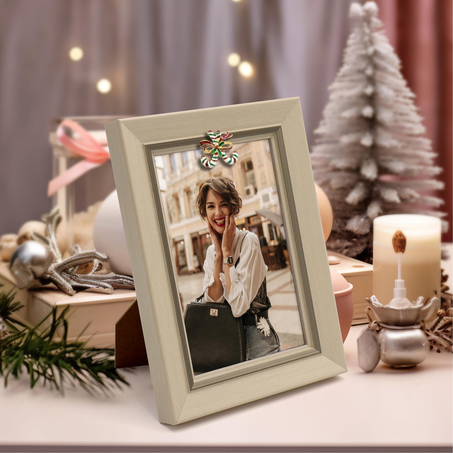 Christmas Picture Frame Photo Frame Embellished Gift for Wall and Tabletop Display (5x7, Beige)