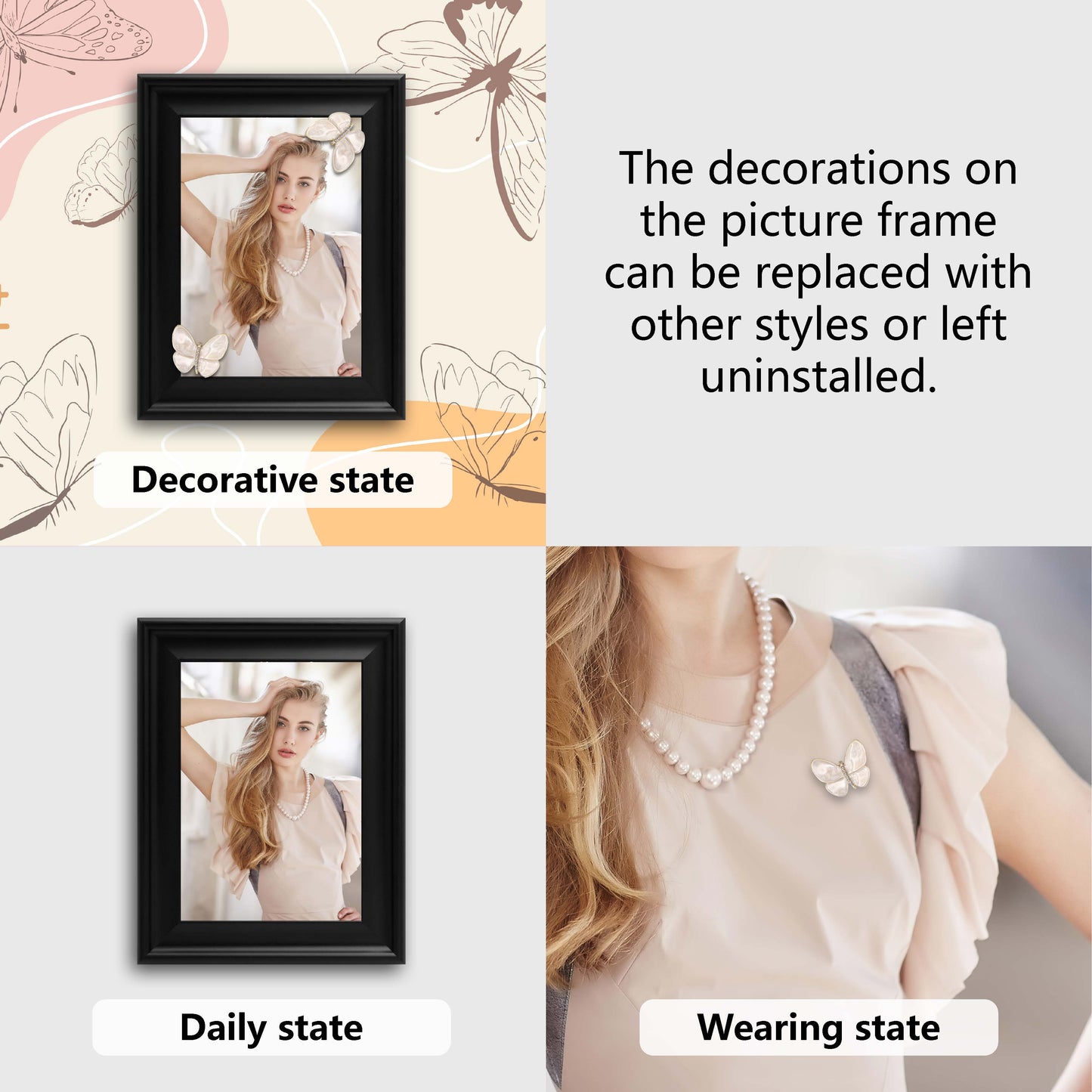 Dotride 5x7 Picture Frames with Decorations 3 Pack, Photo Frame with Detachable Butterflies and Wreaths Ornaments for Wall and Tabletop Display, Wooden Phoframe with Clear Plexiglass, Black White & Brown