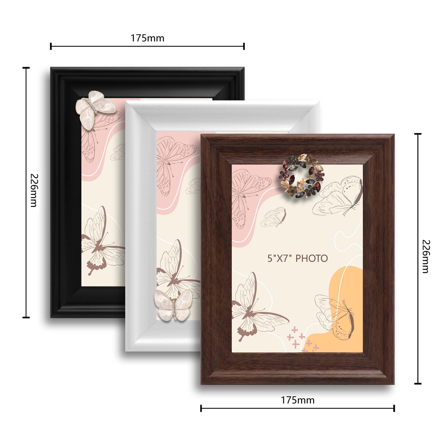 Dotride 5x7 Picture Frames with Decorations 3 Pack, Photo Frame with Detachable Butterflies and Wreaths Ornaments for Wall and Tabletop Display, Wooden Phoframe with Clear Plexiglass, Black White & Brown