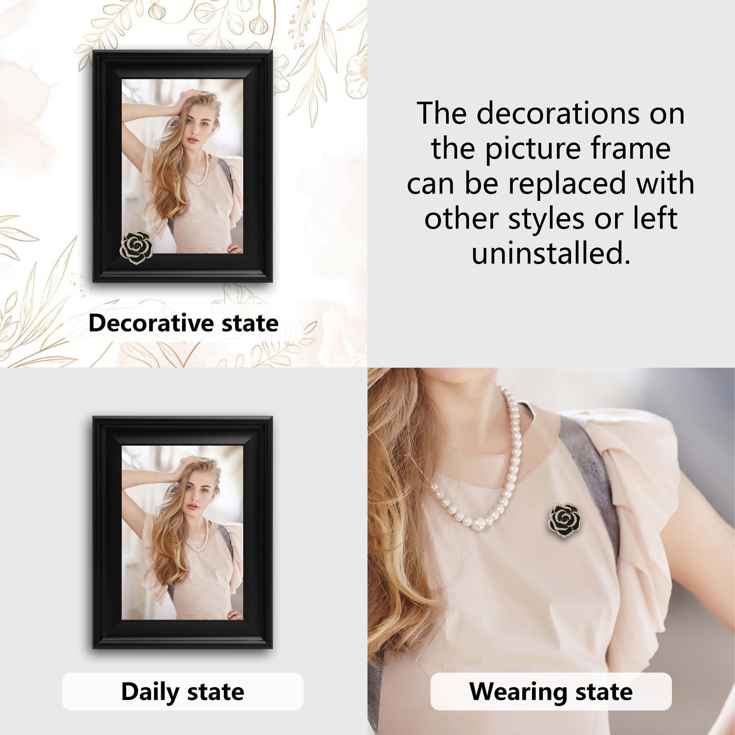 Dotride 5x7 & 4x6 Picture Frame with a Decoration 2 Pack, Photo Frame with a Detachable Flowers Ornament for Wall and Tabletop Display, Wood Phoframe with Acrylic Panel, Black