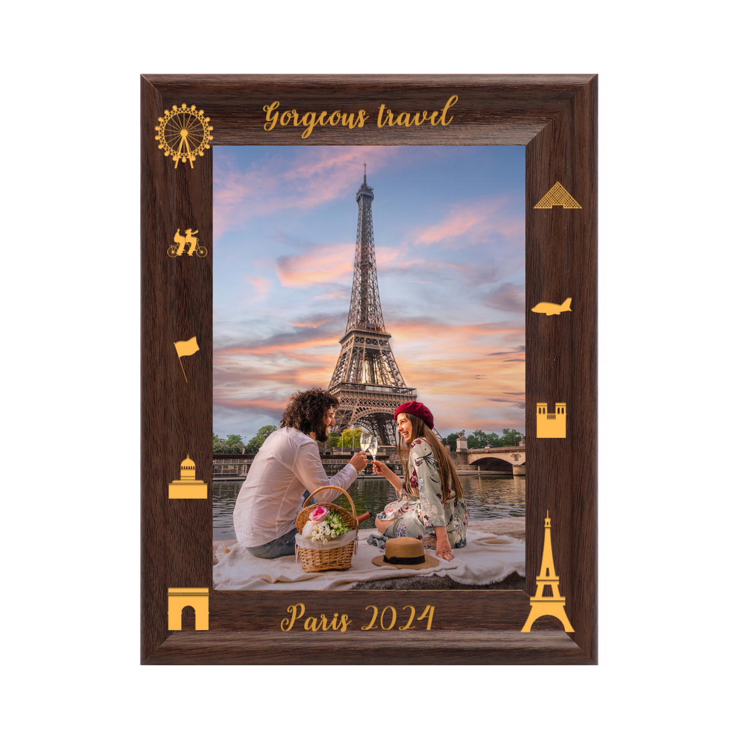 Photo Frame Wall Decor Dotride 5x7 Custom Picture Frame, Black Paris Theme Photo Frame, Customizable Wood Carving Text on the Bottom of the Photo Frame, Perfect for Travel Photos