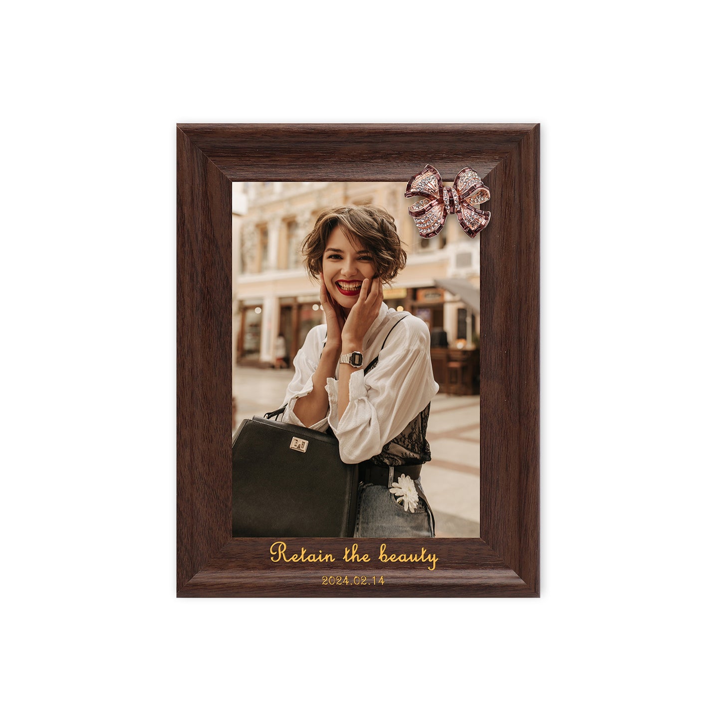 Decoration Photo Frame Dotride Custom Picture Frame, Wood Photo Frame with Custom Wooden Carving, Can be engraved with any text you want, suitable for Suitable for Various Themes, Bow Brown