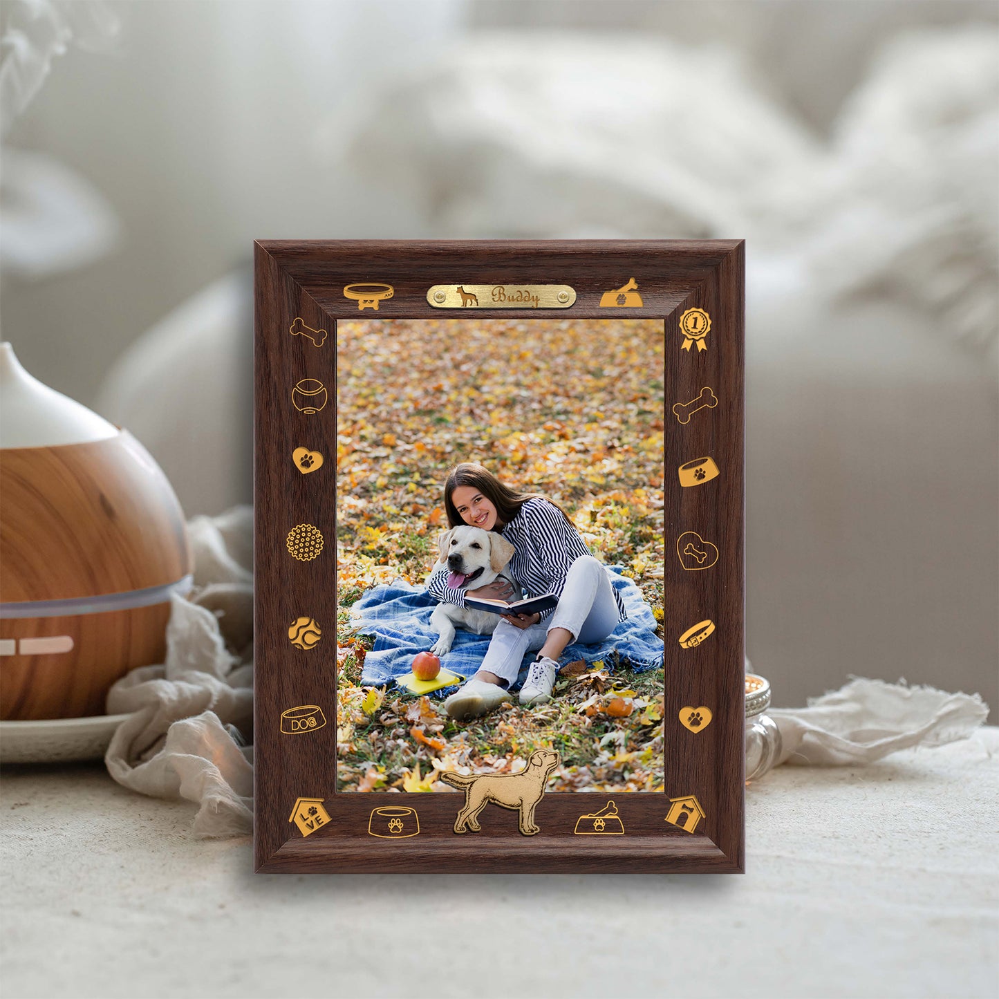 wall photo frame decoration Dotride Custom Picture Frame, Wood Photo Frame with Custom Wooden Carving, Can be engraved with any text you want, suitable for Suitable for Various Themes, Golden Retriever