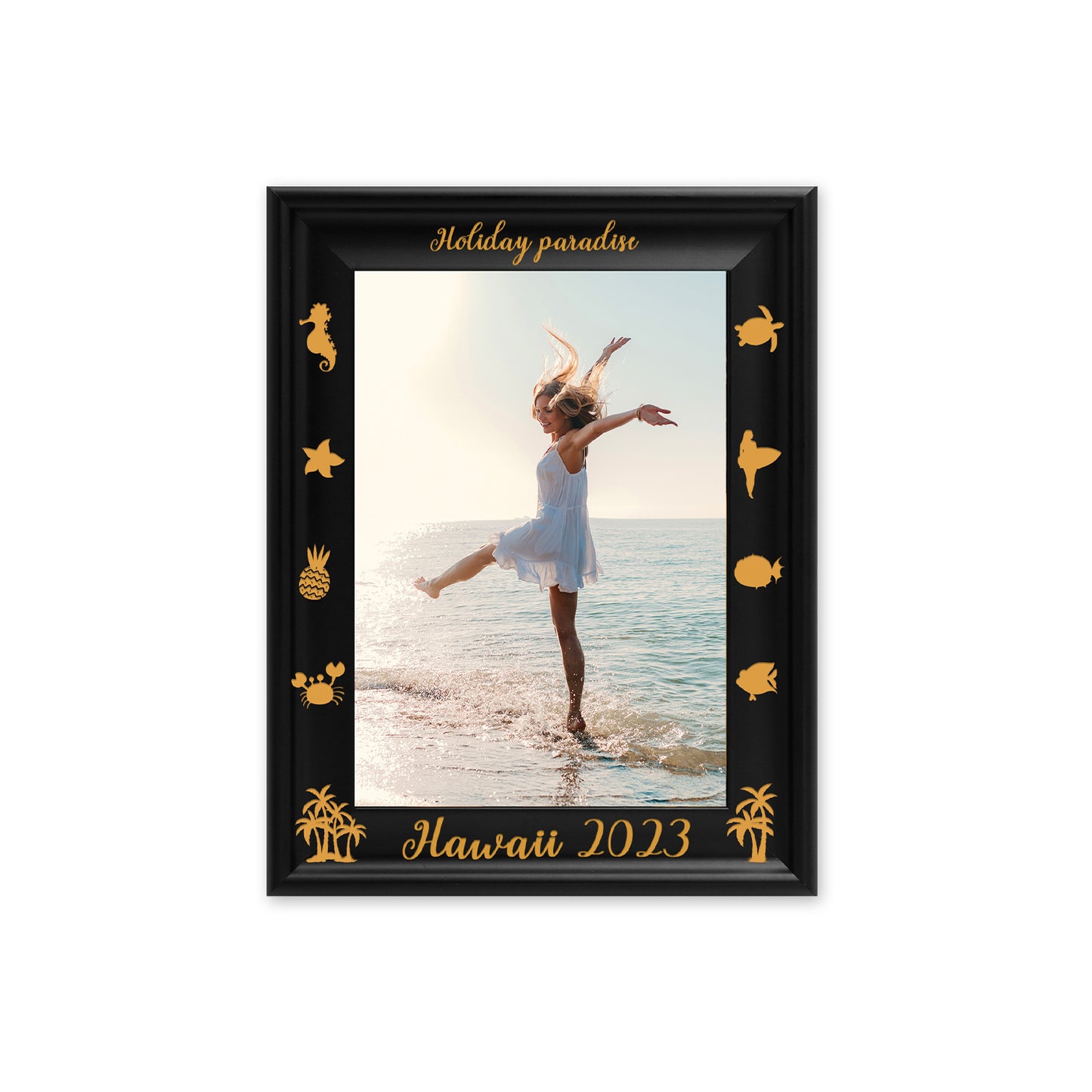 Photo Frame Decoration Dotride Custom Picture Frame, Wood Photo Frame with Custom Wooden Carving, Can be engraved with any text you want, suitable for Suitable for Various Themes, Summer Black