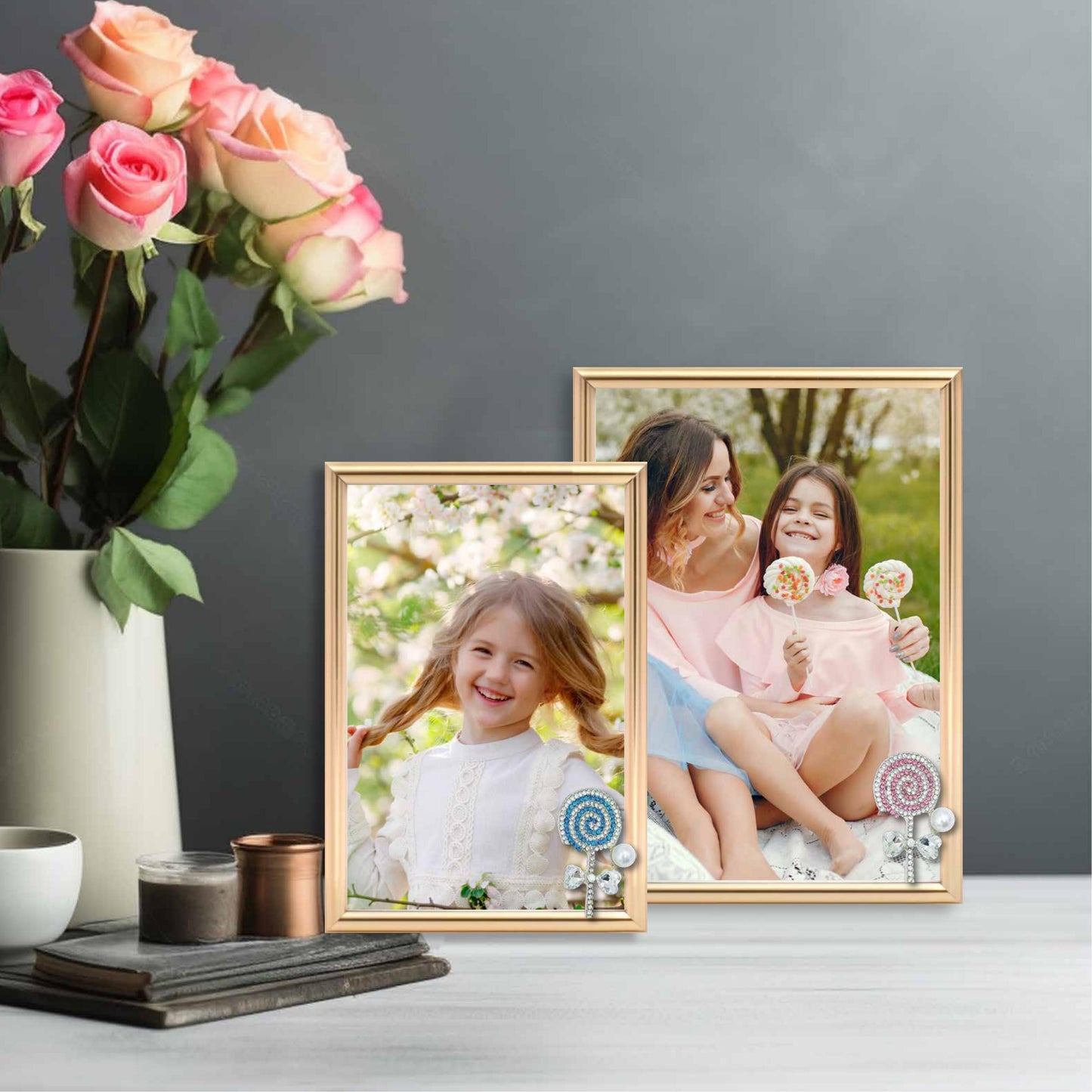 Lollipop Picture Frame Photo Frame Embellished Gift for Wall and Tabletop Display (5x7 Golden, and 4x6, Golden)