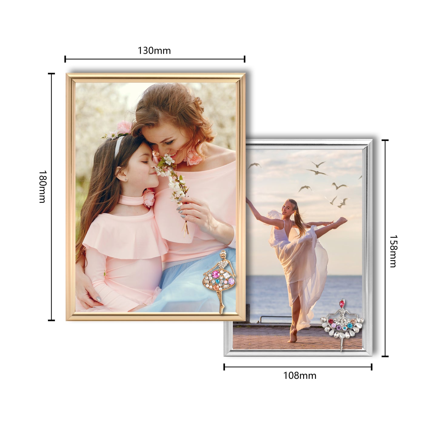 Women's Day Decorative Photo Frames Mother's Day Decorative Photo Frames Dotride 5x7 & 4x6 Picture Frames with Decorations 2 Pack, Metal Photo Frame with Detachable Dancing Girl Ornaments for Wall and Tabletop Display