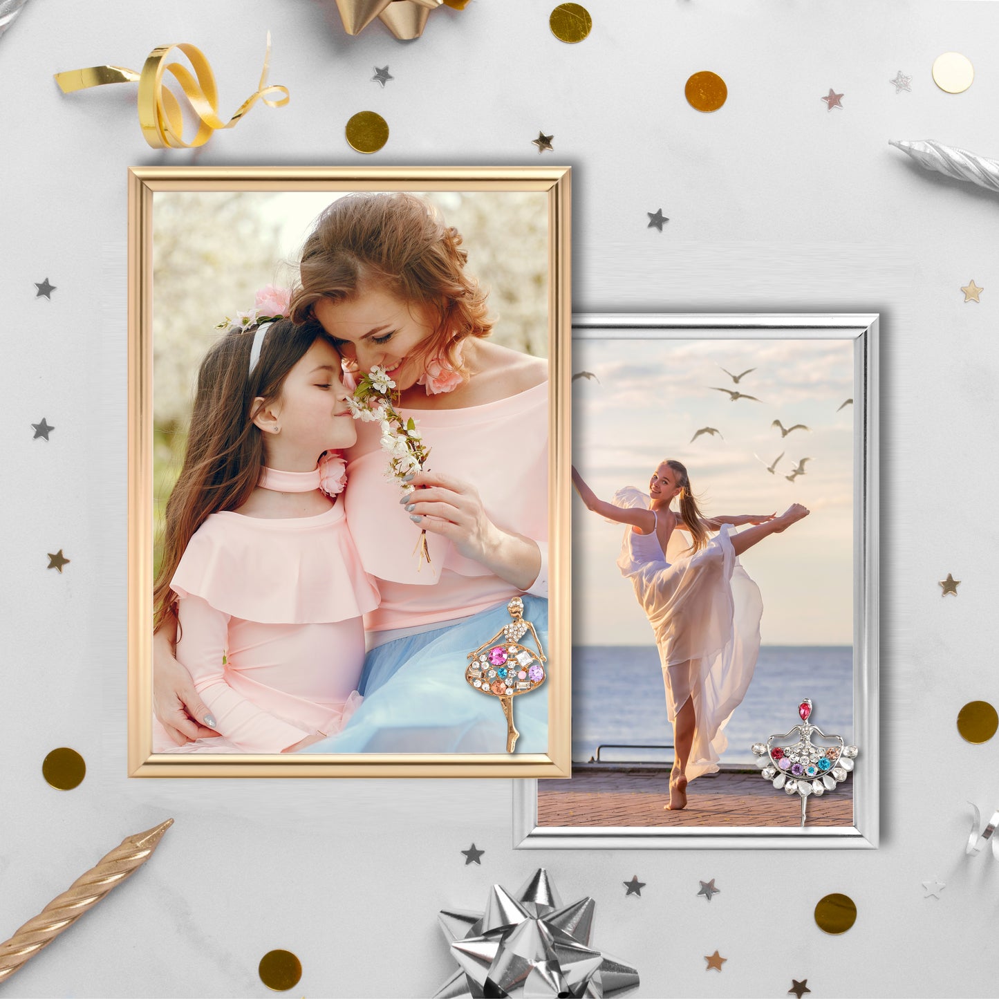 Women's Day Decorative Photo Frames Mother's Day Decorative Photo Frames Dotride 5x7 & 4x6 Picture Frames with Decorations 2 Pack, Metal Photo Frame with Detachable Dancing Girl Ornaments for Wall and Tabletop Display