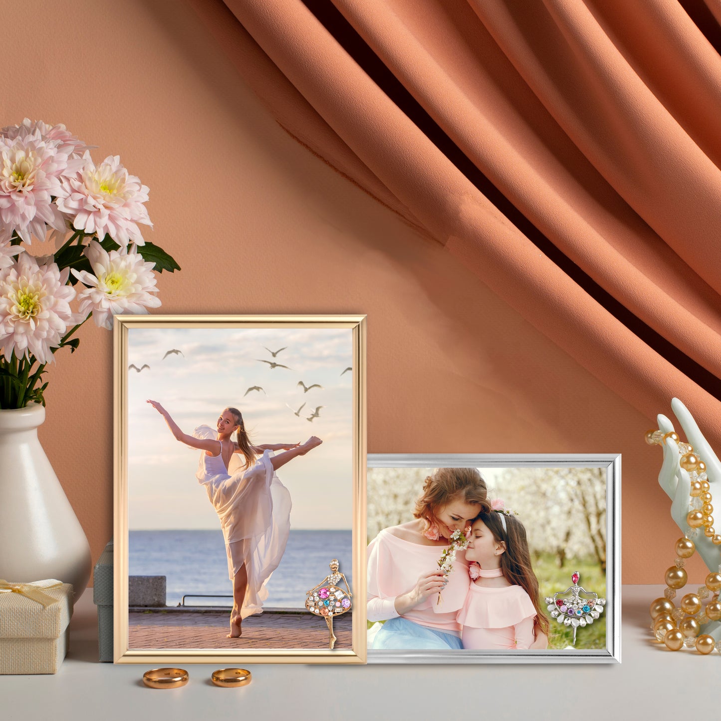 Women's Day Decorative Photo Frames Mother's Day Decorative Photo Frames Dotride 5x7 & 4x6 Picture Frames with Decorations 2 Pack, Metal Photo Frame with Detachable Dancing Girl Ornaments for Wall and Tabletop Display