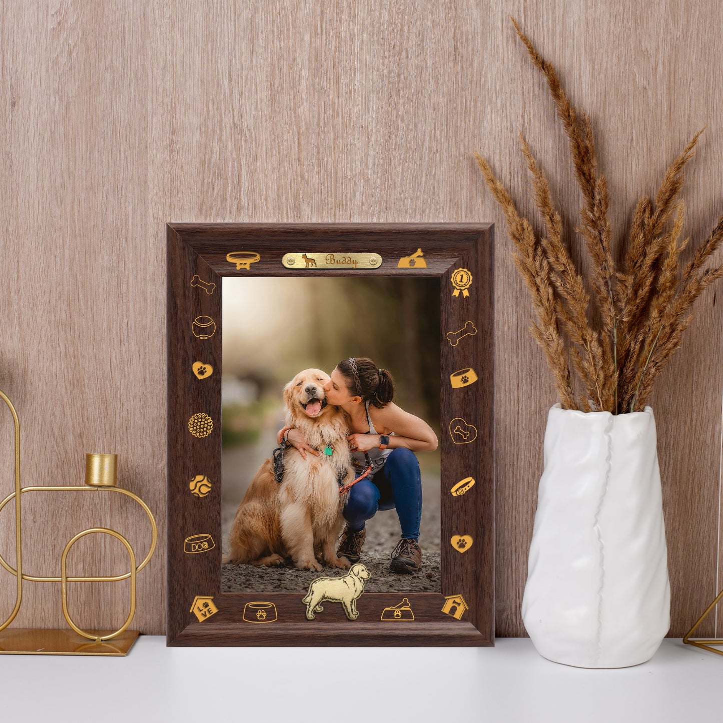 Decoration For Photo Frame Dotride Custom Picture Frame, Wood Photo Frame with Custom Wooden Carving, Can be engraved with any text you want, suitable for Suitable for Various Themes, Golden Retriever