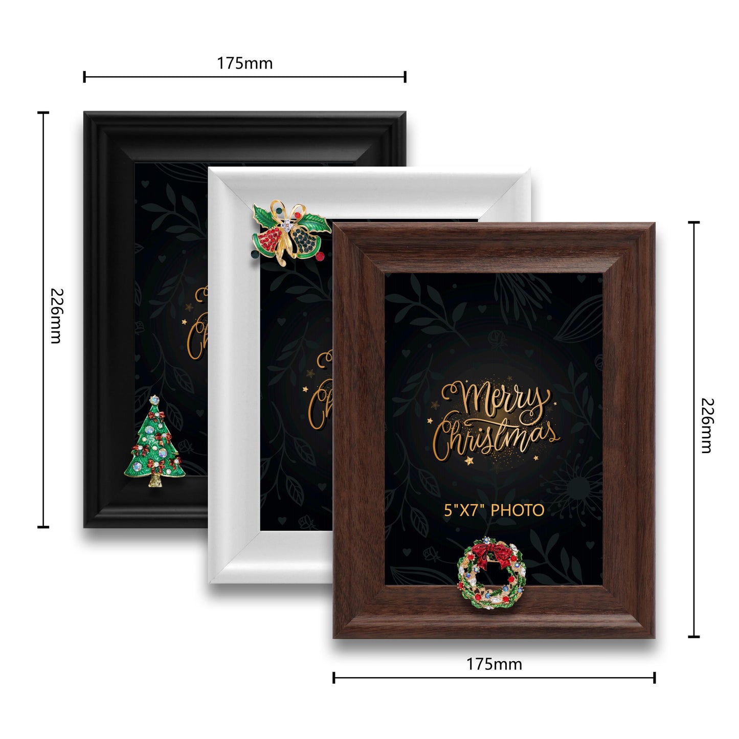 Christmas Picture Frame Photo Frame Embellished Gift for Wall and Tabletop Display (5x7, 5x7 and 5x7, Black, White and Brown)