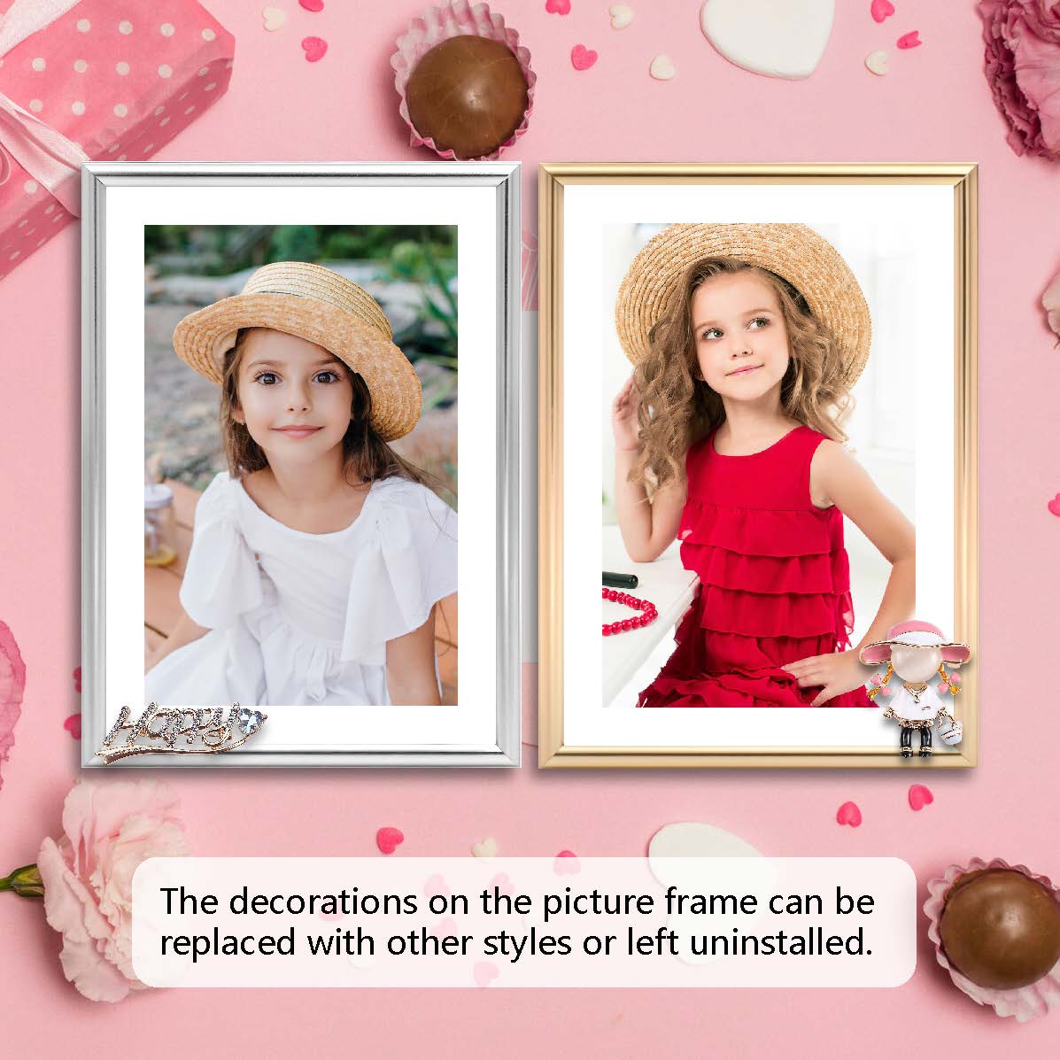 Dotride 5x7 Metal Picture Frames with Glass Panel 2 Pack, Tabletop Photo Frame with Detachable Happy and Little Girl Ornaments for Daily Family Photos, Gold and Silver
