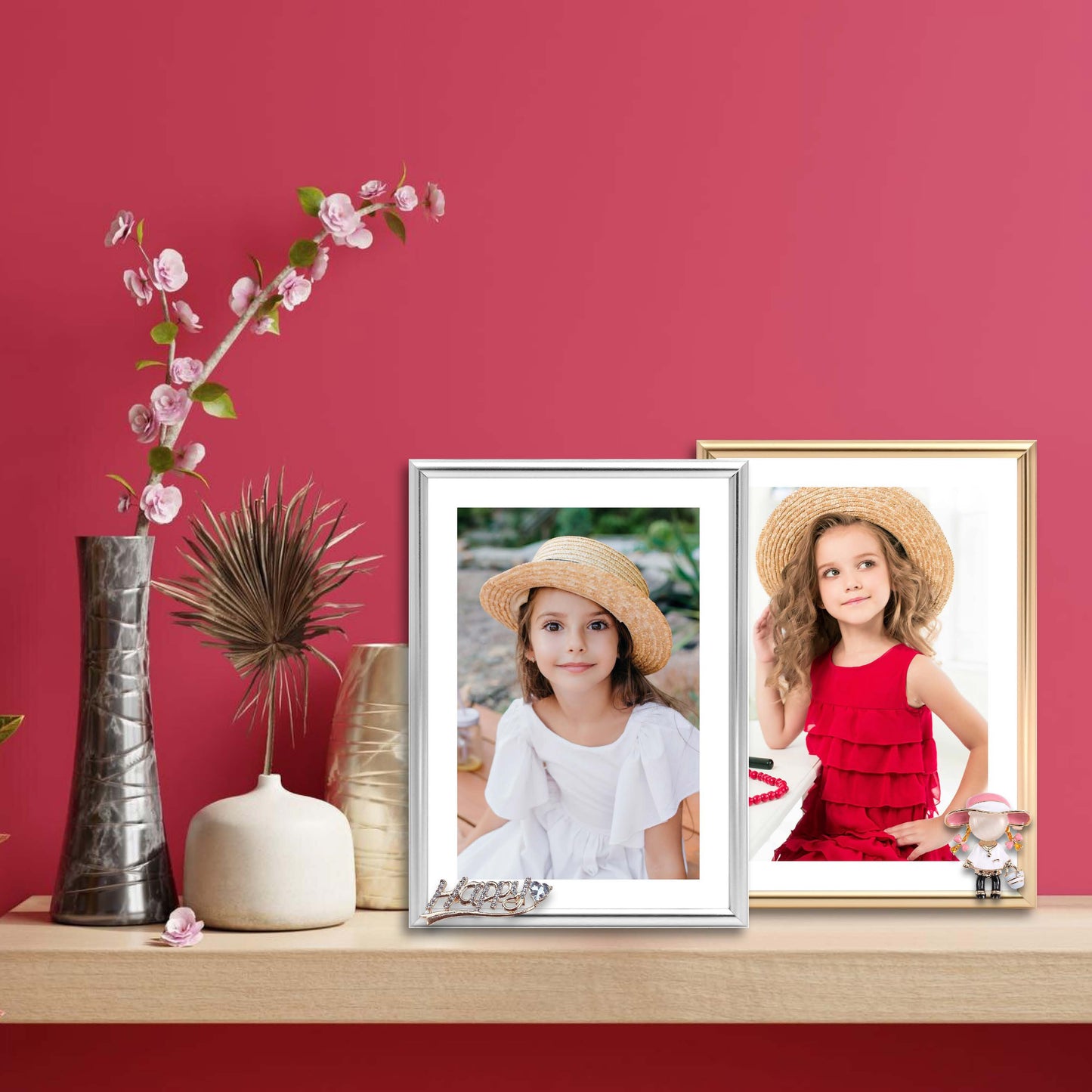 Dotride 5x7 Metal Picture Frames with Glass Panel 2 Pack, Tabletop Photo Frame with Detachable Happy and Little Girl Ornaments for Daily Family Photos, Gold and Silver