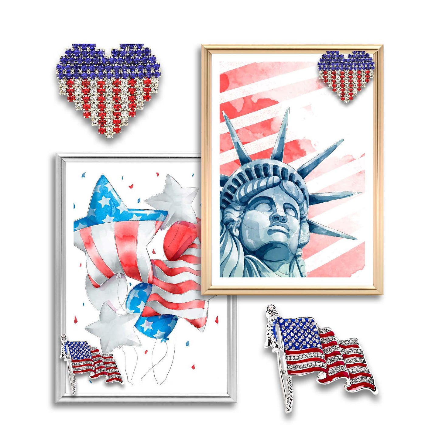 Dotride 5x7 Metal Picture Frames with Glass Panel 2 Pack, Tabletop Photo Frame with Detachable American Flag Ornaments, Perfect for Independence Day Commemoration, Gold and Silver