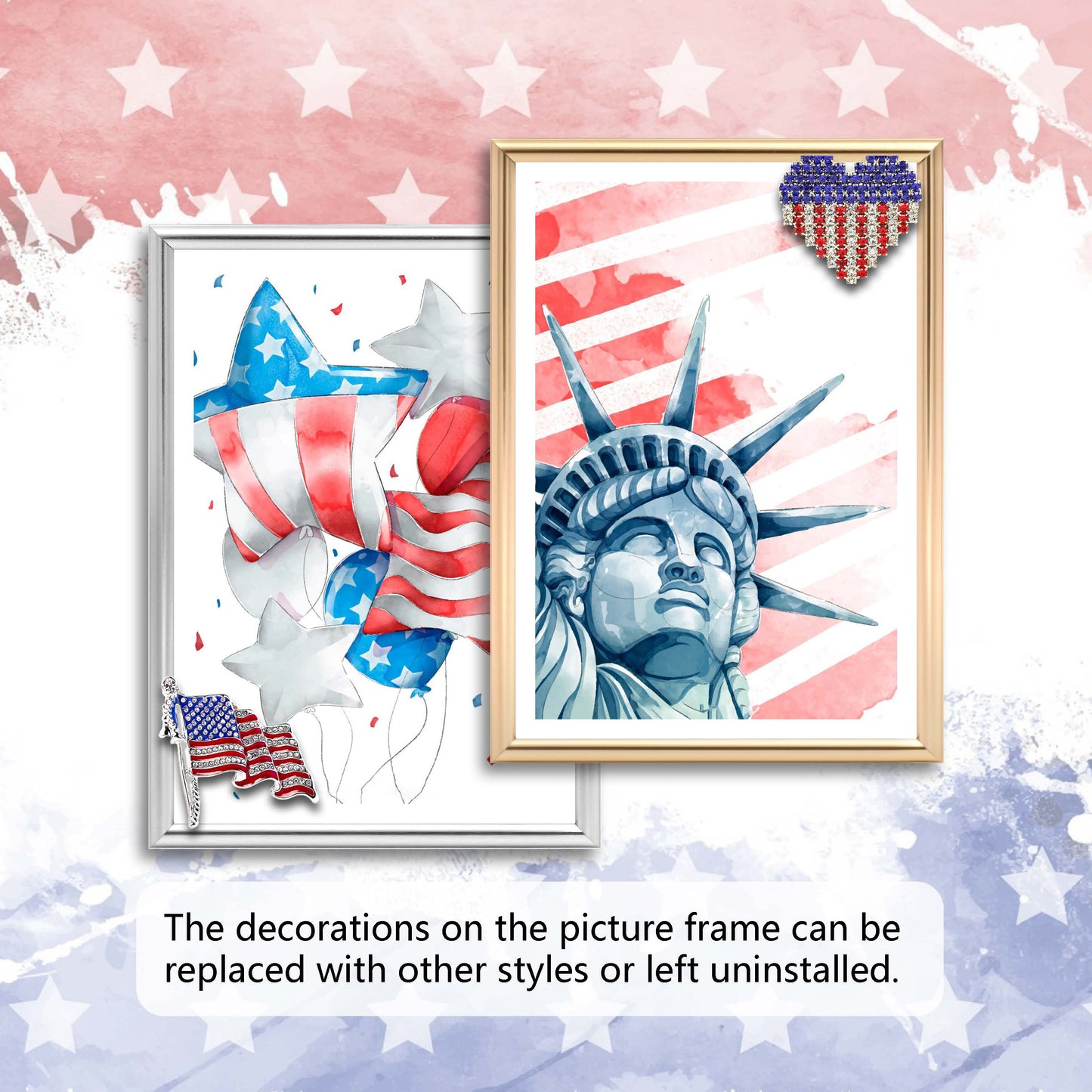 Dotride 5x7 Metal Picture Frames with Glass Panel 2 Pack, Tabletop Photo Frame with Detachable American Flag Ornaments, Perfect for Independence Day Commemoration, Gold and Silver