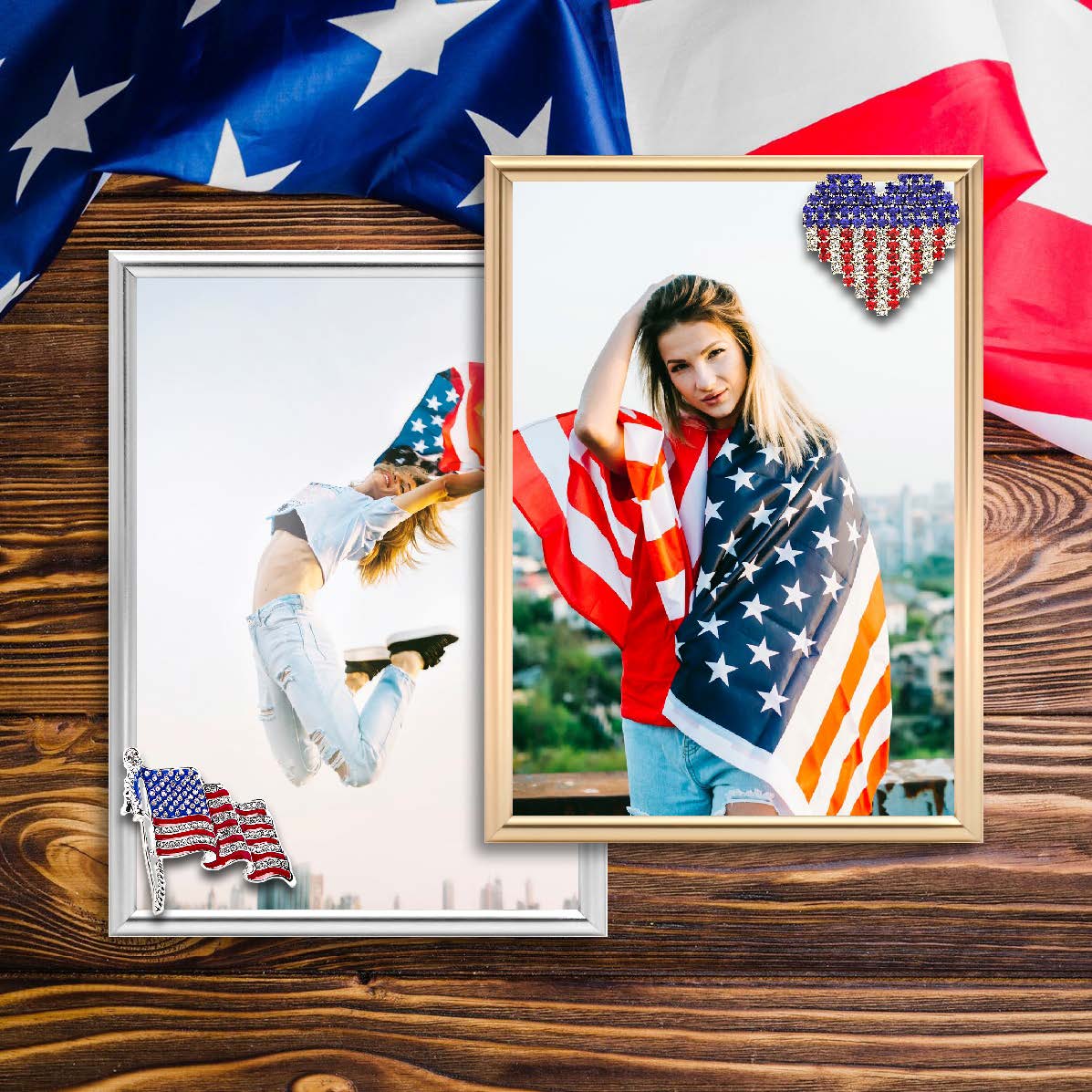Dotride 5x7 Metal Picture Frames with Glass Panel 2 Pack, Tabletop Photo Frame with Detachable American Flag Ornaments, Perfect for Independence Day Commemoration, Gold and Silver