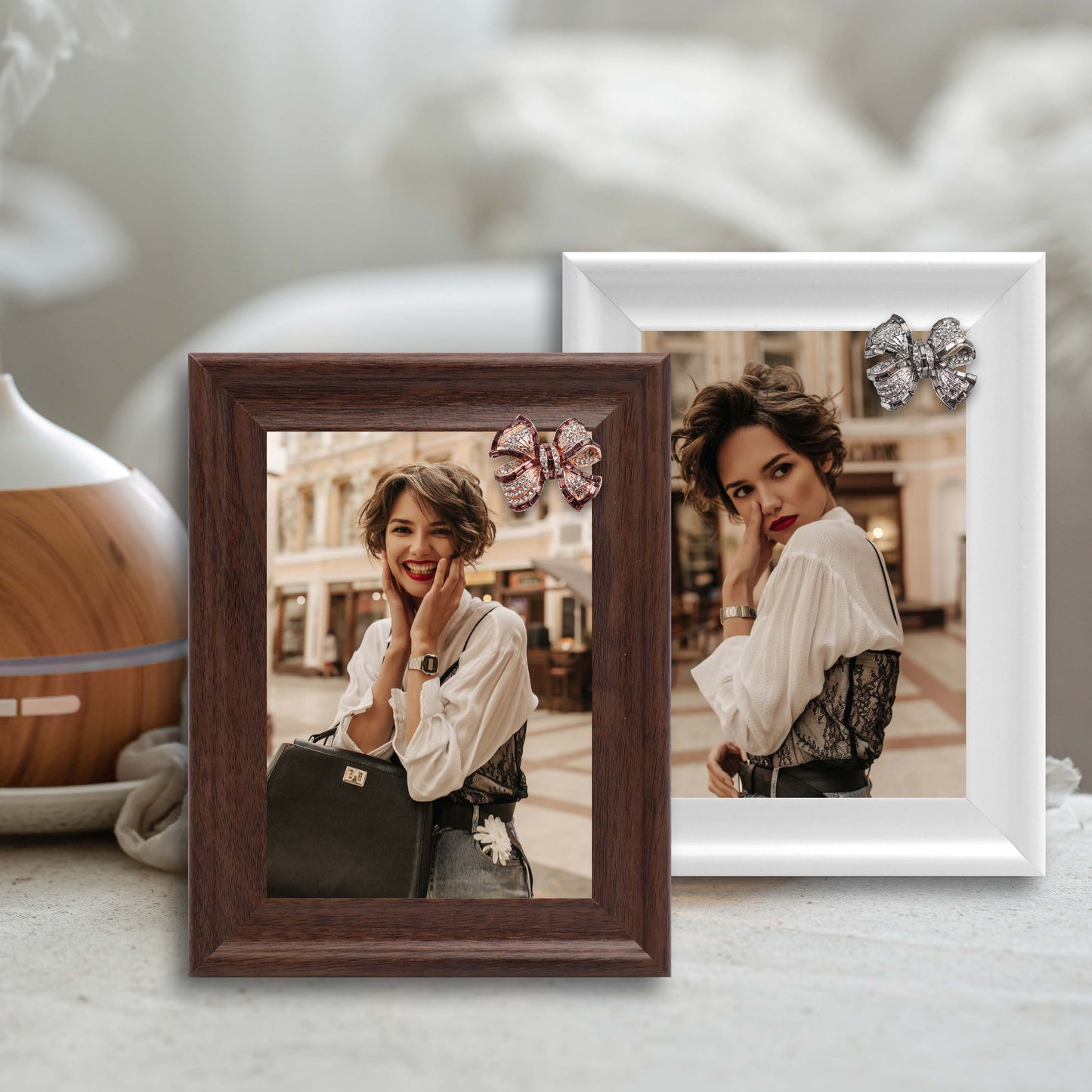 Dotride 5x7 Picture Frames with Decorations 2 Pack, Photo Frame with Detachable Bow Ornaments for Wall and Tabletop Display, Wooden Phoframe with Clear Plexiglass, White and Brown