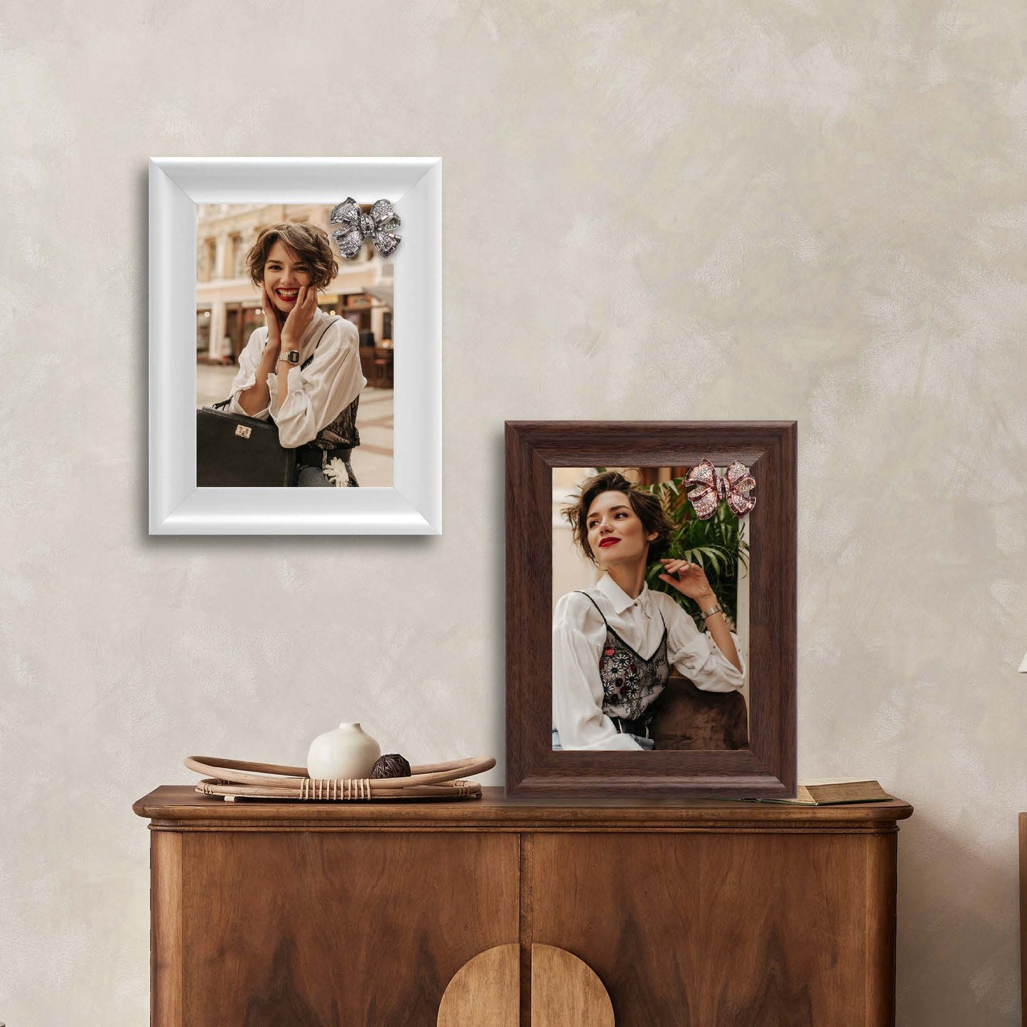 Dotride 5x7 Picture Frames with Decorations 2 Pack, Photo Frame with Detachable Bow Ornaments for Wall and Tabletop Display, Wooden Phoframe with Clear Plexiglass, White and Brown