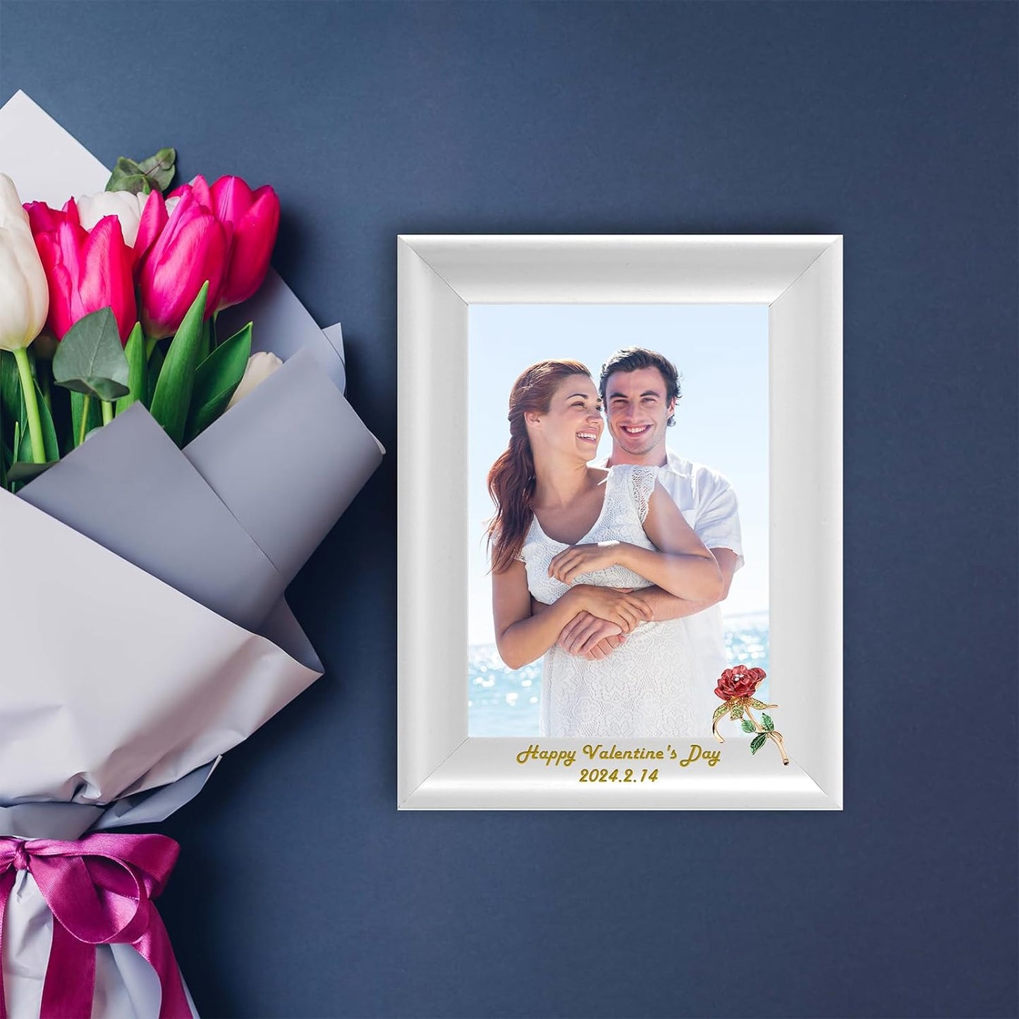 Wall Photo Frame Decoration Dotride Custom Picture Frame with a Flower Decoration, Wood Photo Frame with Custom Wooden Carving, Can be engraved with any text you want, suitable for Valentine's Day, Red Rose