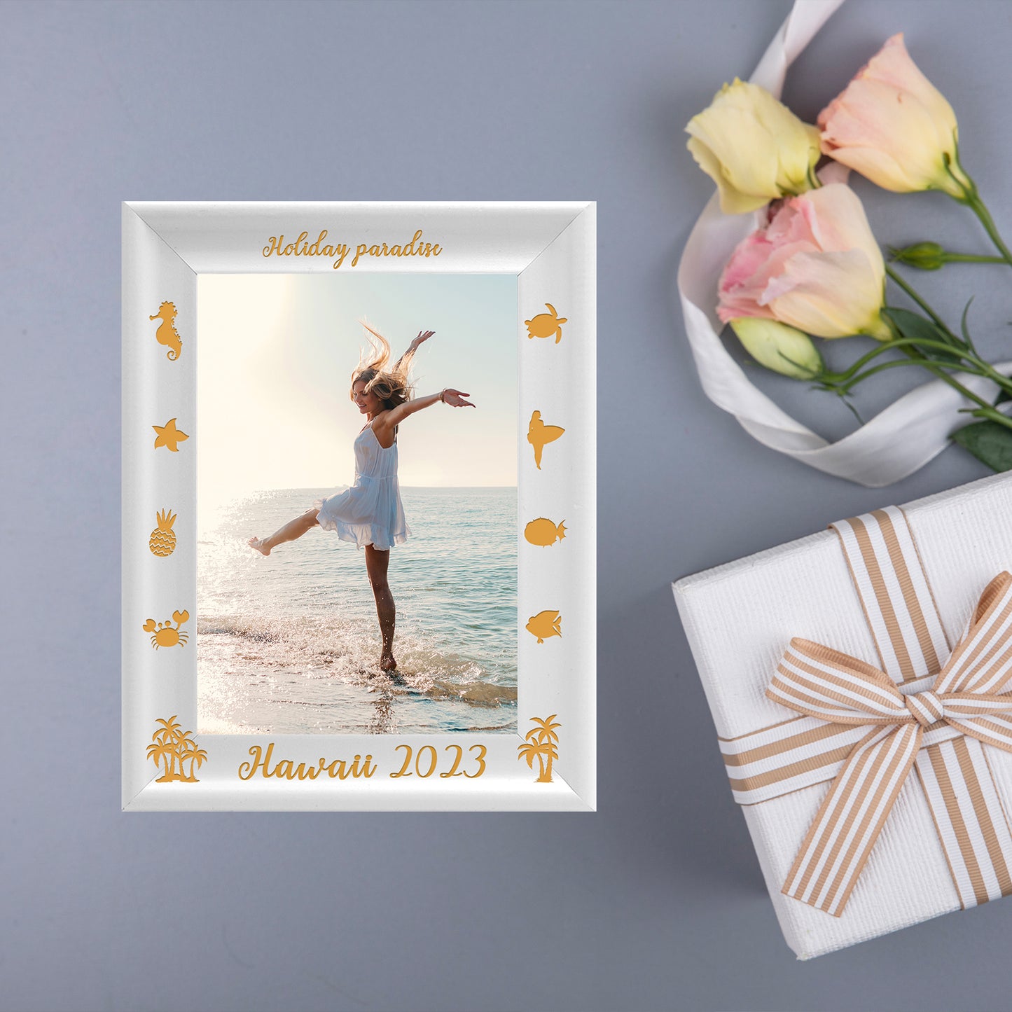 Wall Photo Frame Decoration Dotride Custom Picture Frame, Wood Photo Frame with Custom Wooden Carving, Can be engraved with any text you want, suitable for Suitable for Various Themes, Summer White