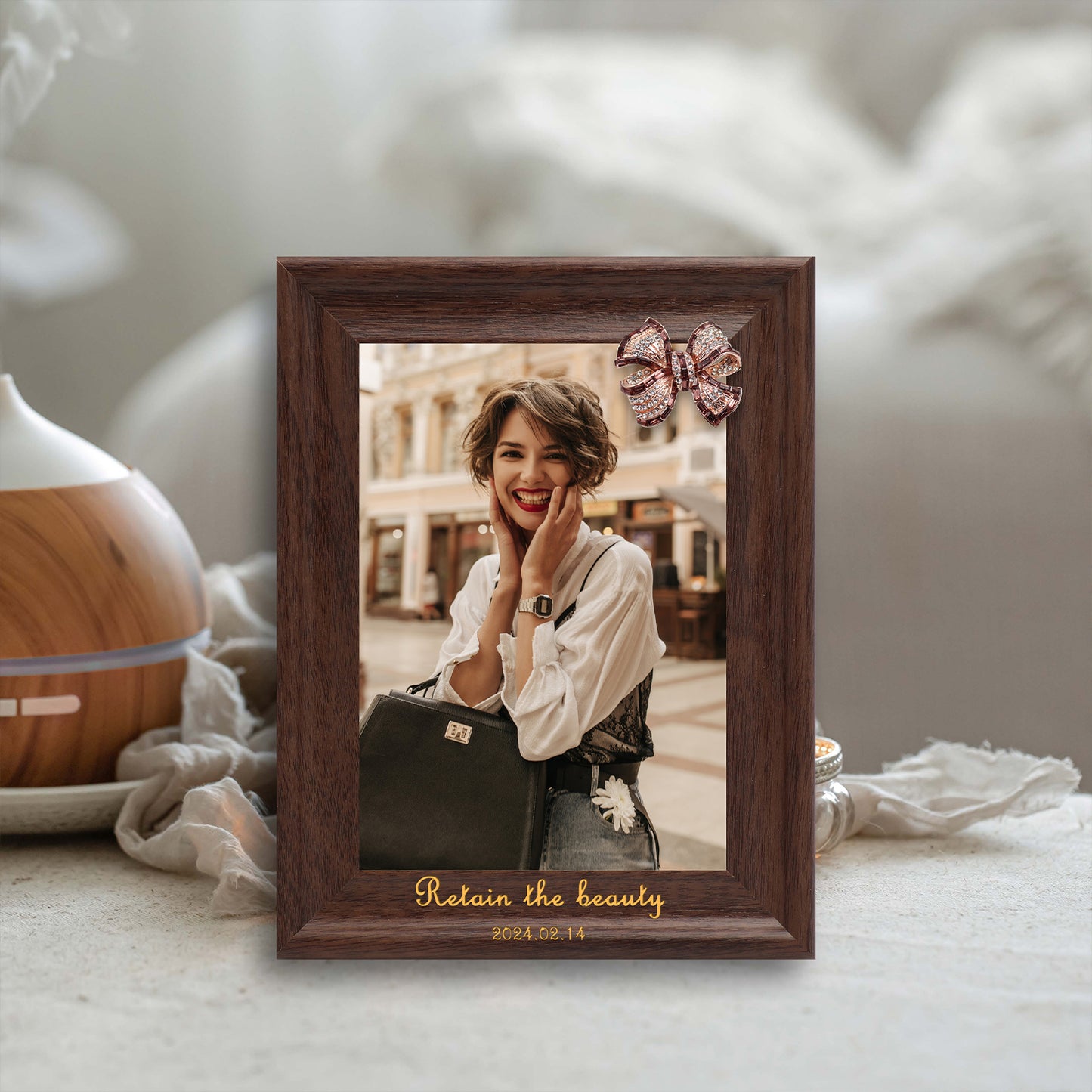 Decoration Photo Frame Dotride Custom Picture Frame, Wood Photo Frame with Custom Wooden Carving, Can be engraved with any text you want, suitable for Suitable for Various Themes, Bow Brown