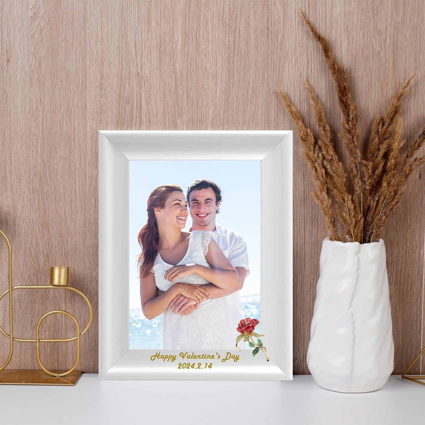 Wall Photo Frame Decoration Dotride Custom Picture Frame with a Flower Decoration, Wood Photo Frame with Custom Wooden Carving, Can be engraved with any text you want, suitable for Valentine's Day, Red Rose