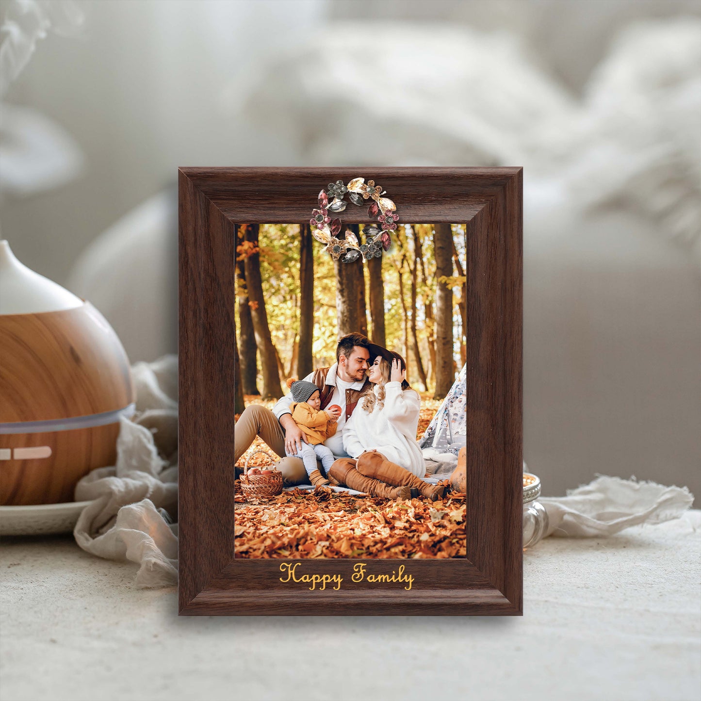 Decoration For Photo Frame Dotride Custom Picture Frame, Wood Photo Frame with Custom Wooden Carving, Can be engraved with any text you want, suitable for Suitable for Various Themes, Wreath Brown