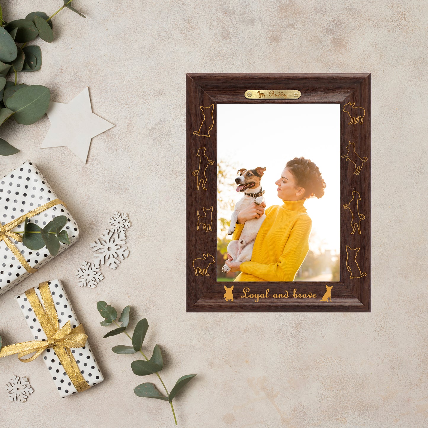 Photo Frame Wall Decor Dotride Custom Picture Frame, Wood Photo Frame with Custom Wooden Carving, Can be engraved with any text you want, suitable for Suitable for Various Themes, Puppy