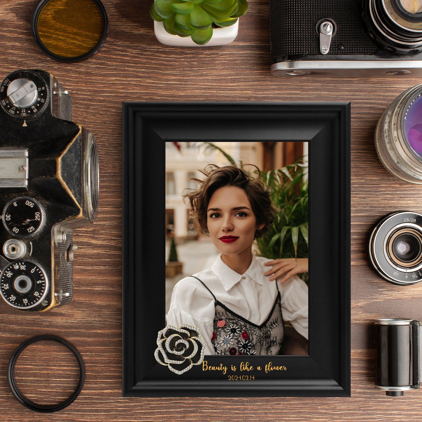 Dotride Custom Picture Frame, Wood Photo Frame with Custom Wooden Carving, Can be engraved with any text you want, suitable for Suitable for Various Themes, Black Flower